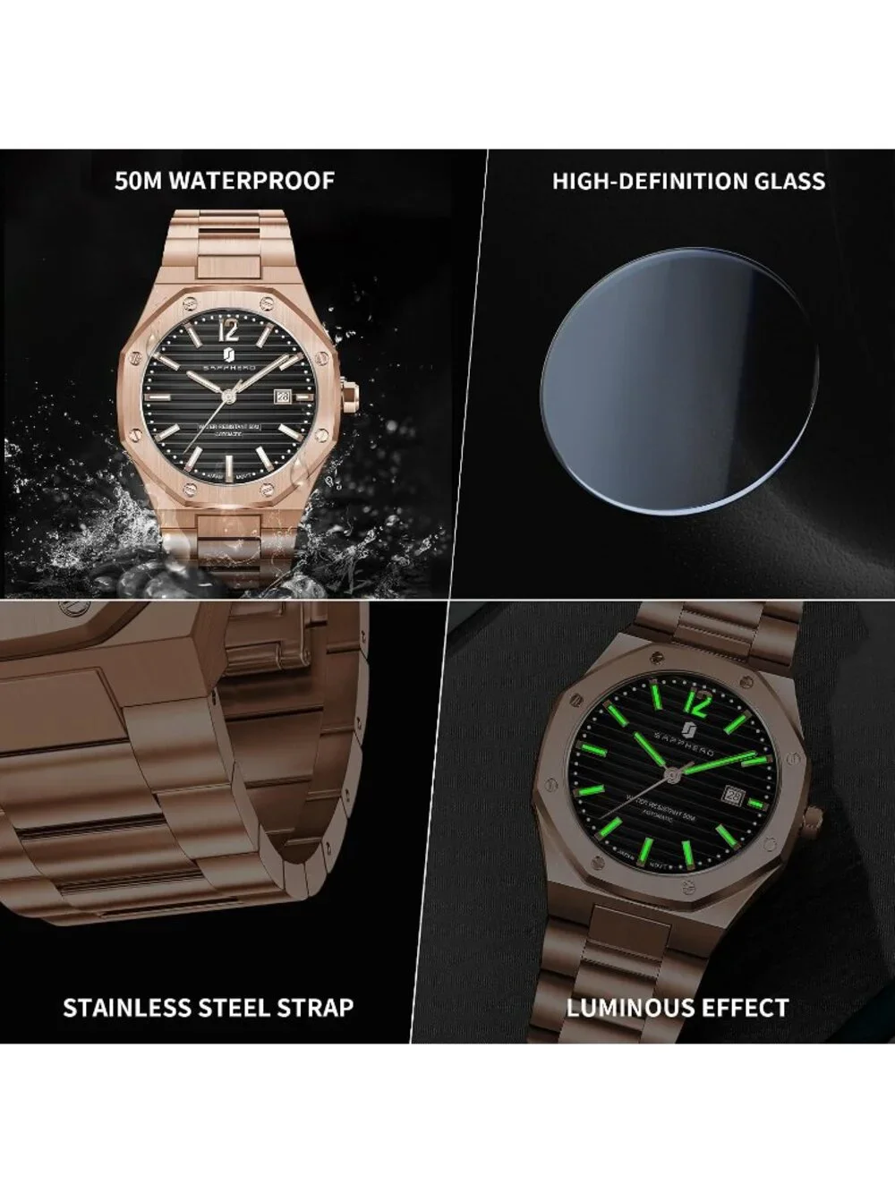 Men's Rose Gold Strap / Black Face Chronograph Stainless Steel Waterproof Watch